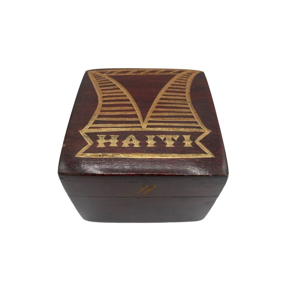 Haiti Wooden Square Trinket Box Hand Carved Jewelry Box Small Wooden Box 3"x3"